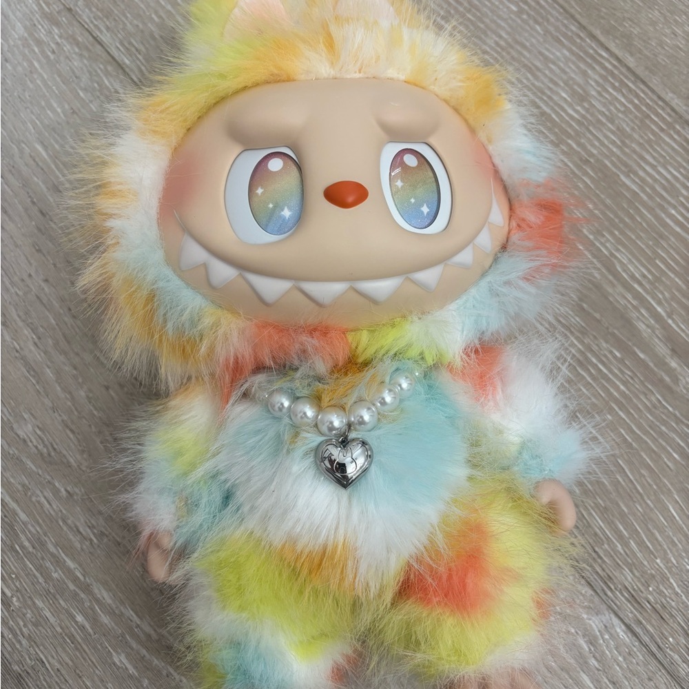 Colorful Plush Monster Doll with Heart Necklace